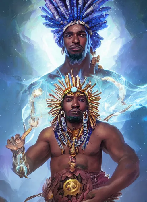 Image similar to handsome black man casting magical spells with powerful crystals, afrikan tribal voodoo headdress and kemetic imagery, digital painting artstation, concept art, matte, sharp focus, illustration, dramatic exploding nebulae, hearthstone, art by artgerm and greg rutkowski and alphonse mucha