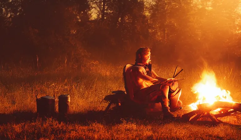 Prompt: knight resting by a campfire at the sunset, close shot, 8k, cinematic, epic, ultra detailed, award winning, trending on artstationHD, dramatic