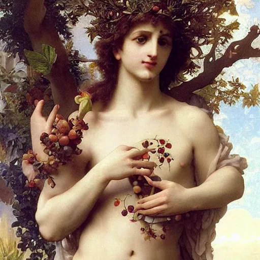 Prompt: photorealistic psychedelic ecstatic god dionysus with leaves and grape in his hair holding grail by bouguereau