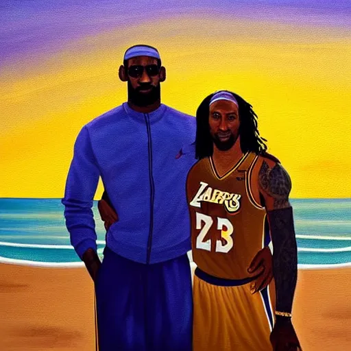 Prompt: lebron james and kobe bryant at the beach, golden hour, majestic painting, couple sitting facing the sunset, holding hands, 2 3, 2 5