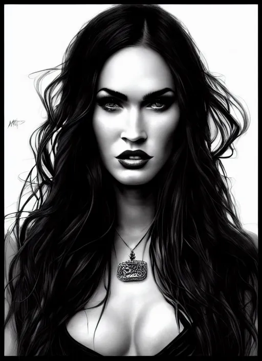 Prompt: a black and white pencil portrait of megan fox as a vampire lord, in a dress, jewelry, greek, intricate, headshot, highly detailed, drawn with pencil, black and white, artstation, concept art, sharp focus, cinematic lighting, illustration, art by artgerm and greg rutkowski, alphonse mucha, cgsociety