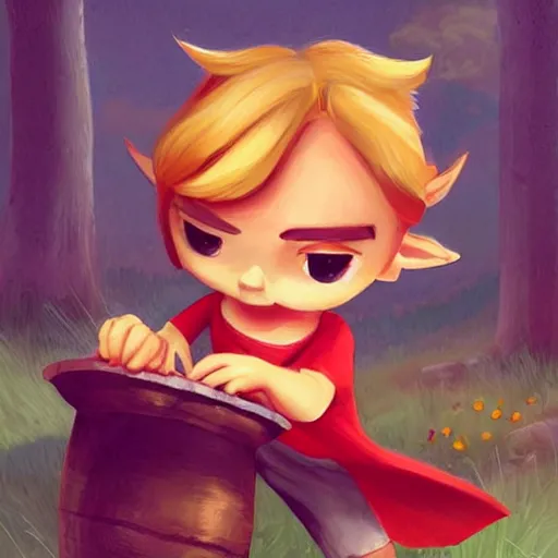 Image similar to little boy character inspired in little hood red and link from legend of zelda, digital artwork made by lois van barlee and rhads