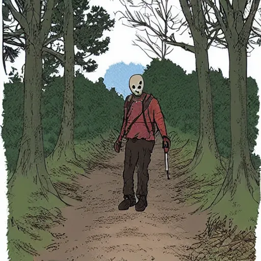 Image similar to jason voorhees at woodstock, studio ghibli landscape