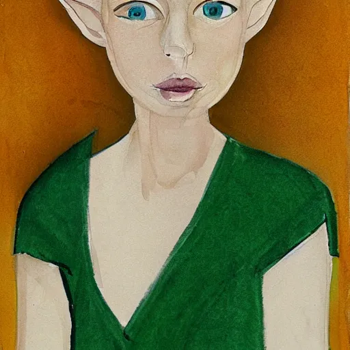 Prompt: a portret of a beautiful elf with blonde hair and pale skin, green dress, by Seveso, Alberto