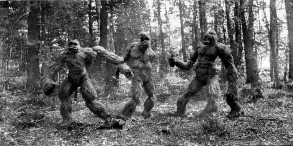 Image similar to : stereopticon photo of bigfoot fighting robot