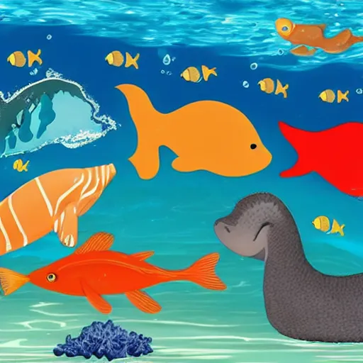 Image similar to A world where sea animals walk on land and land animals swim in the sea