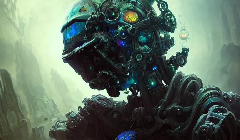 Image similar to muted ombre matte painting beautiful sinister alabaster neogothic skullpunk spirit doctor dismantling the iridescent enchanted intergalactic mecha garden, man machine chimeric beholder polyphemous power crystals psychotropic tessalating frequencies singularity artgerm wlop james jean andrei riabovitchev marc simonetti yoshitaka amano artstation, cgsociety