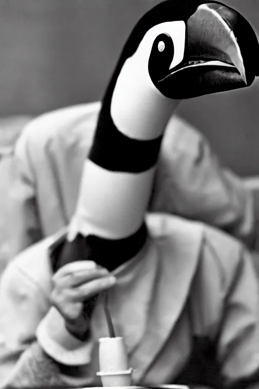 Image similar to an anthropomorphism toucan enjoying a meal at mcdonalds, photo taken in 1 9 6 6, highly detailed photography, 3 5 mm, natural light, bokeh effect