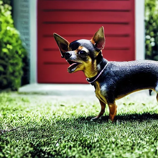 Image similar to a small chihuahua dog inside the mouth of a drooling smooth xenomorph from the movie aliens IV. Suburban backyard. Production photograph from horror sci-fi film directed by Ridley Scottie.