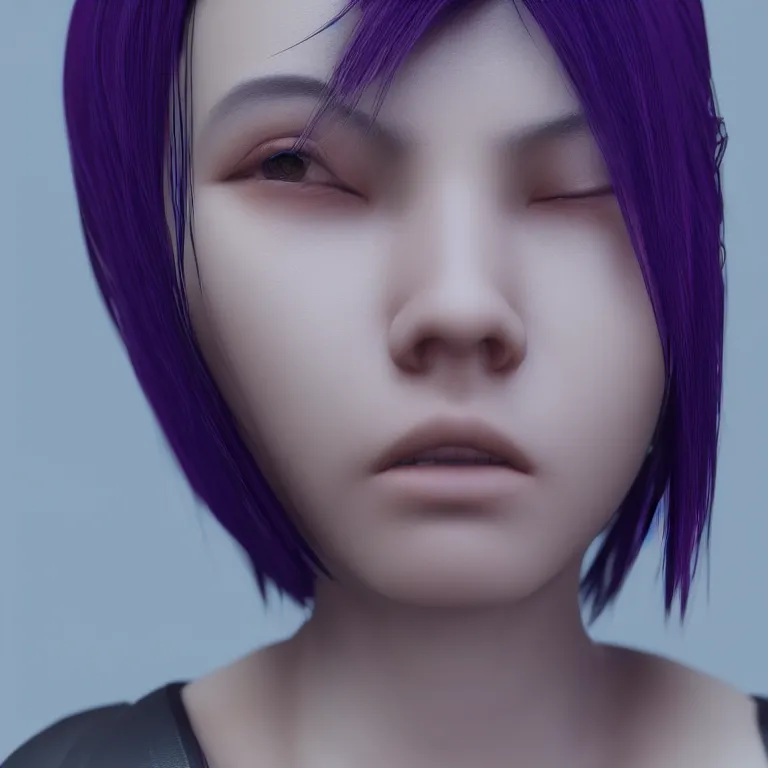 Image similar to Close up portrait of a young Asian Cyberpunk woman with dark purple hair, 3d render, Unreal Engine, octane render, ray tracing, Unity, highly detailed, high quality, HD, 4k, 8k, realistic, sharp, trending