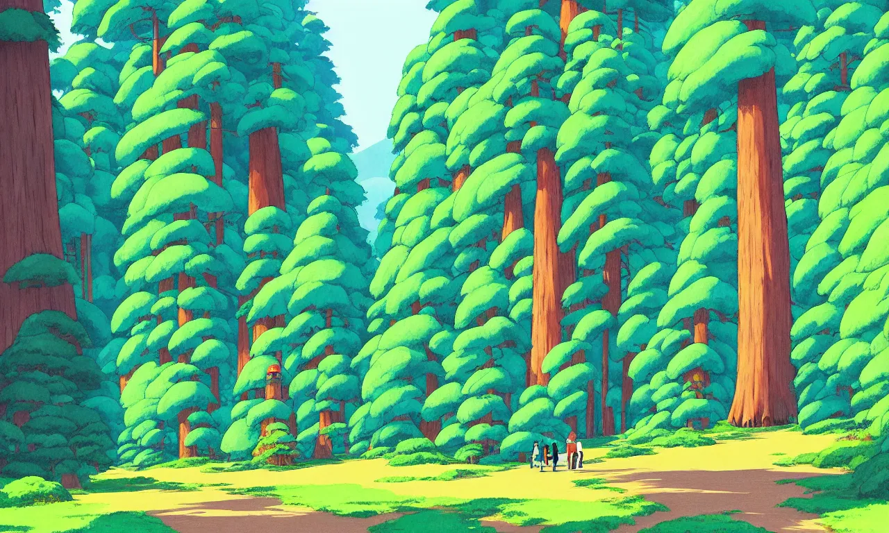 Prompt: Sequoia park in a colorful moutain with beautiful trees , no people, morning, by studio ghibli painting, superior quality, masterpiece, traditional Japanese colors, concept art