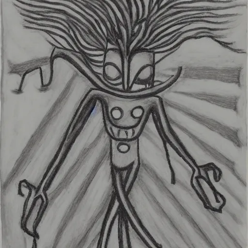 Image similar to unified by erich heckel. a beautiful drawing of a human - like creature with long, stringy hair. the figure has no eyes, only a mouth with long, sharp teeth. the creature is standing on a cliff overlooking a dark, foreboding sea.