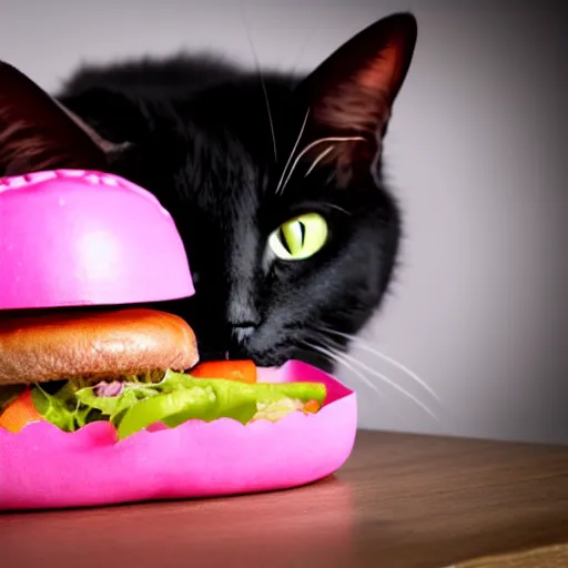 Image similar to photo of a pink cat, with a hamburger inside of it's mouth