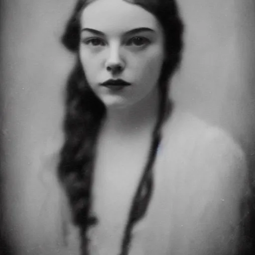 Prompt: headshot edwardian photograph of anya taylor - joy, natalie portman, emma stone, 1 9 2 0 s film actress, realistic face, ethereal, 1 9 1 0 s, grainy, victorian, soft blur