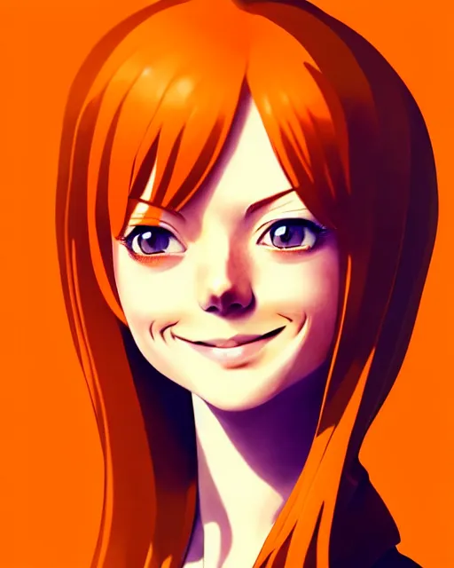 Prompt: beautiful anime girl, full body Emma Stone, orange glowing hair, sarcastic smiling, clear clean face, symmetrical face, blurry background, pose, face by Ilya Kushinov style, style by Loish, Norman Rockwell, painterly style, flat illustration