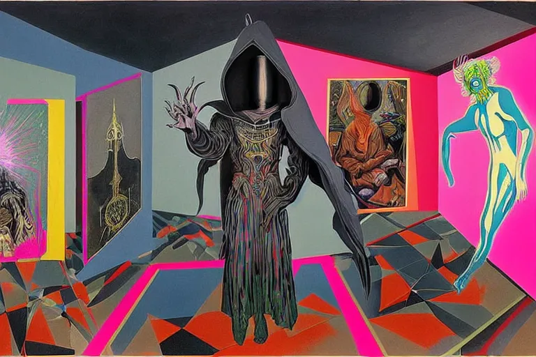 Image similar to a highly detailed beautiful masterpiece painting of a technomancer wizard in dazzle camouflage robes with pointed hood discussing sentience with his synthesized AI djinn hologram in his laboratory near a computer by Remedios Varo and Anato Finnstark and Greg Rutkowski and Andy Warhol and Francis Picabia, dayglo pink, dayglo blue, prismatic, pearlescent white, raven black, hyperrealism, 8k, trending on ArtStation, rendered in Octane, rendered in Unreal engine, award winning, volumetric lighting