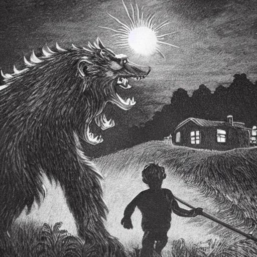 Prompt: a giant werewolf running after a little boy farmer holding a flaming torch toward a wheat field, an old wooden house in the background