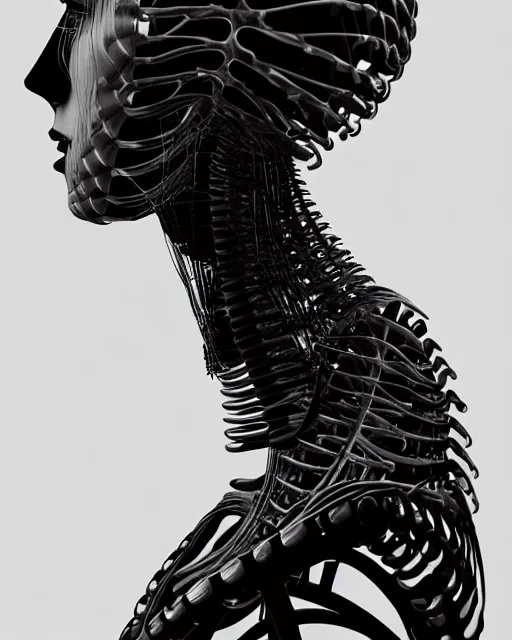 Image similar to black and white dreamy foggy profile face portrait, cyclope biomechanical beautiful young female cyborg - robot bust, body ribs meshes,, volumetric light, hibiscus flowers, by hg giger, rim light, by dora maar and cecile beaton, big gothic fashion pearl embroidered collar, 8 k