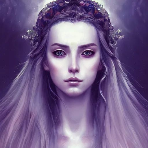 Prompt: portrait of a goddess, silver starry eyes, in the style of Charlie Bowater and Gabrielle Ragusi, trending on artstation, highly detailed, realistic