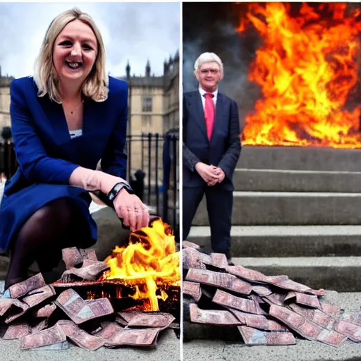 Prompt: Liz truss and Rishi sunak at parliament burning a pile of money. Daily Telegraph.