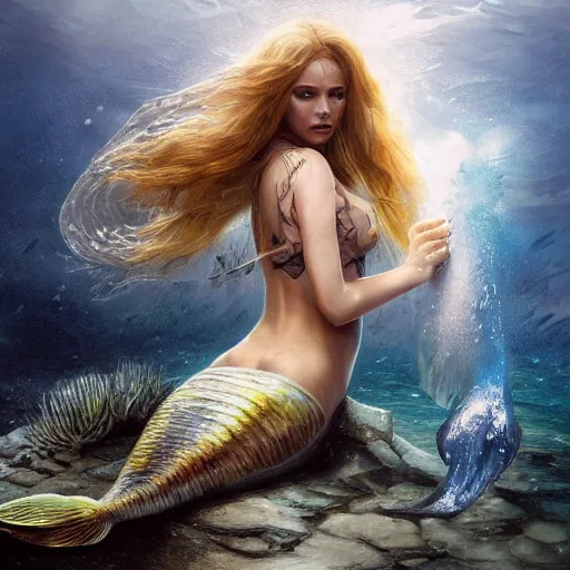 Image similar to High detail painting of a mermaid in a oyster, underwater fantasy world, full body, long blonde hair, blue eyes, fish tail, digital art, highly detailed, Greg Rutkowski, Chris Moore