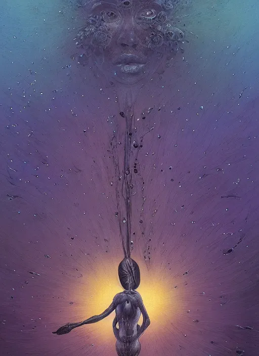 Image similar to detailed, intricate blue black and purple papaverum flower on the field, nebula, galaxy in the sky, winning award masterpiece, fantastically beautiful, illustration, aestheticly inspired by beksinski and dan mumford, upscale with simon stalenhag work, artstation, 8 k