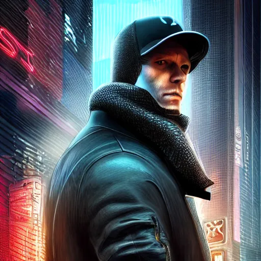Image similar to portrait isometric drawing, DJ Tiesto as Aiden Pearce character from Watch Dogs game, cyberpunk, intricate, epic lighting, cinematic composition, hyper realistic, 8k resolution, unreal engine 5, by Artgerm, tooth wu, dan mumford, beeple, wlop, rossdraws, James Jean, Andrei Riabovitchev, Marc Simonetti, yoshitaka Amano, Artstation