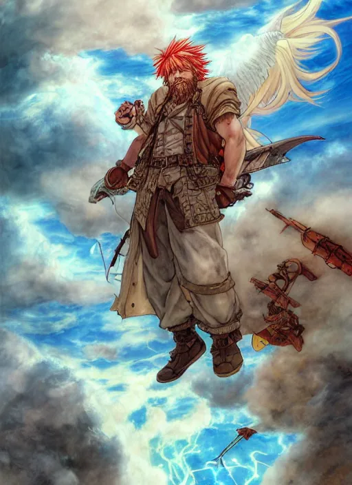 Image similar to prompt : ragnarok online portrait soft light painted by james jean and katsuhiro otomo and erik jones, inspired by akira anime, epic fantasy, a long red haired, red bearded male sky - pirate smirking whilst standing in front of an airship, intricate oil painting, high detail illustration, sharp high detail, manga and anime 1 9 9 9