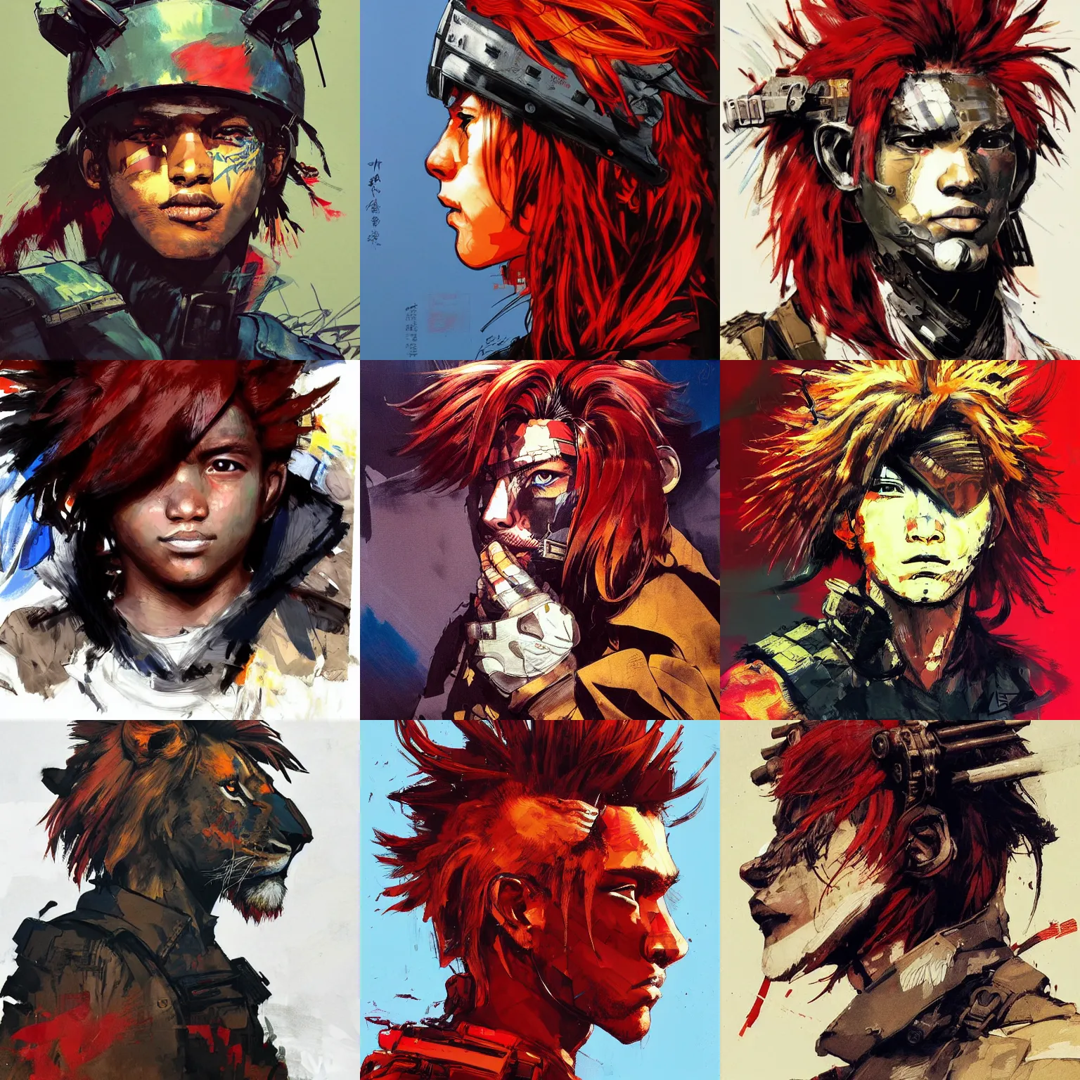 Prompt: a beautiful side portrait painting of a child soldier, with a lion helmet. the mane is tinted with vibrant, red tones. art by yoji shinkawa and sandra chevrier, trending on artstation, award - winning, perfect composition.