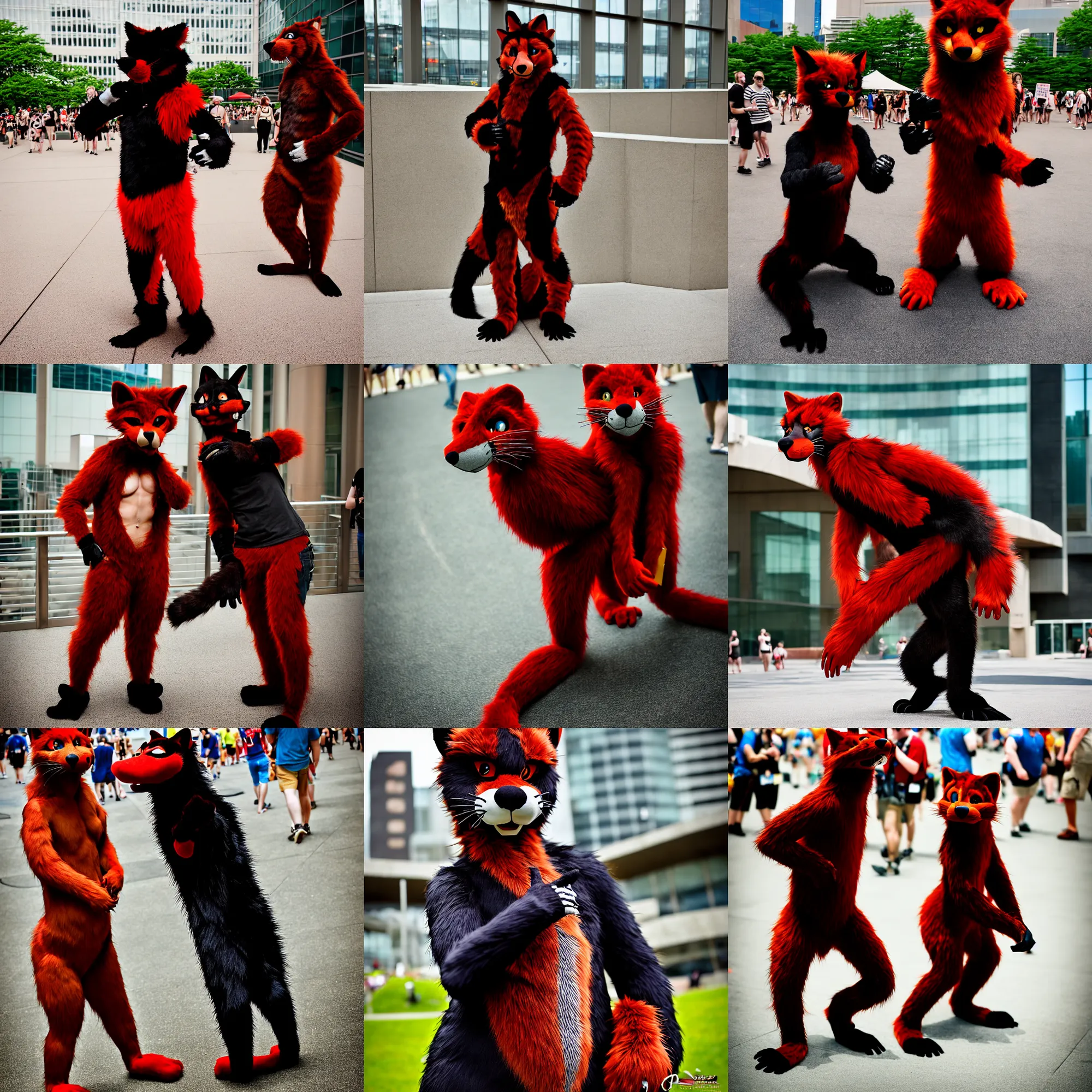 Image similar to fullbody photoshoot photo portrait of a roguish male red - black furred bipedal weasel furry fursona / fursuiter, photorealistic, taken at anthrocon ( furry convention )