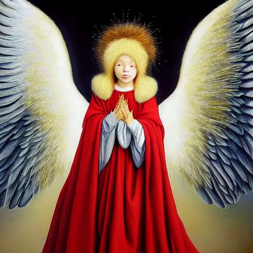 Prompt: highdetailed hyperrealistic painting of white angel in the hood!!!!, giant ball of miracle light from the chest!!!!!, 4 k hd fur face!!!, big wings, by jan van eyck, holography space, white sparkles everywhere, thin strokes, high textures, silver background