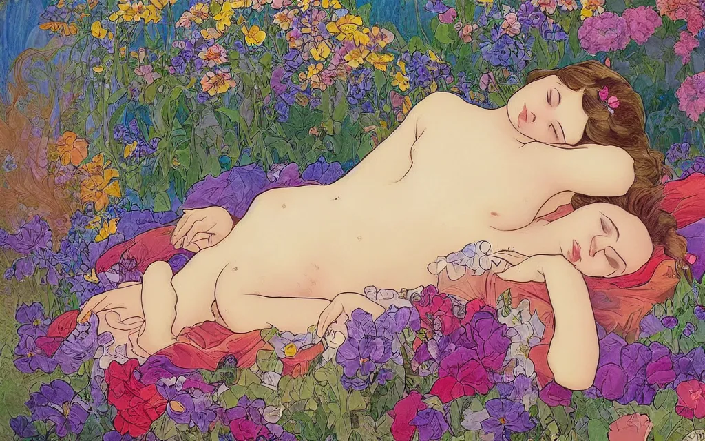 Prompt: daydream i dream of you amid the flowers for a couple of hours, such a beautiful day. a woman sleeping in the style of lisa frank and alfons mucha