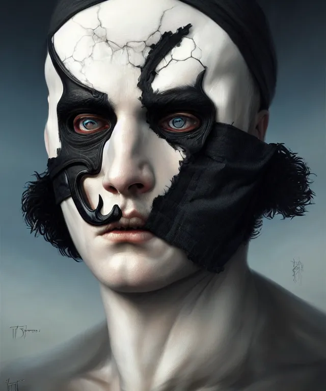 Image similar to white man with black fabric half mask, highly detailed face!!!, true anatomy!, extremely detailed!, digital painting, unreal engine 5, art by tom bagshaw