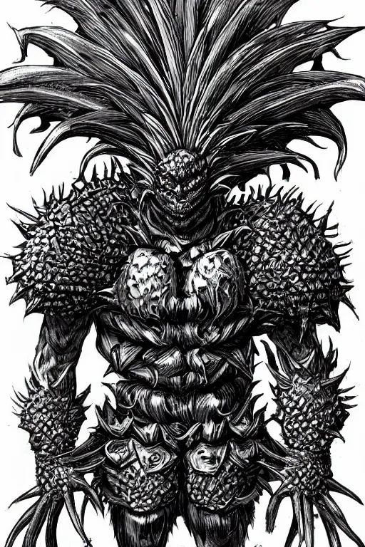 Image similar to screeching pineapple humanoid figure monster wearing themed armour, symmetrical, highly detailed, digital art, sharp focus, trending on art station, kentaro miura manga art style