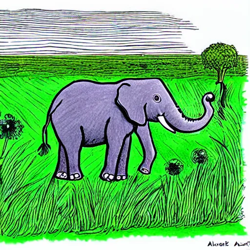 Prompt: an elephant on a green meadow drawn by Alison Bechdel