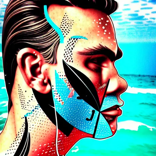 Image similar to a portrait of a man with side profile cleaned shave blood in ocean and sea intricate details by MARVEL comics and Sandra Chevrier