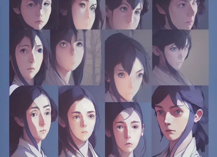 Image similar to 1 8 5 5 nurse, character face study, multiple angles, directions and moods. faces only, concept art finely detailed perfect art, painted by greg rutkowski makoto shinkai takashi takeuchi studio ghibli, pinterest, cevagraf comics
