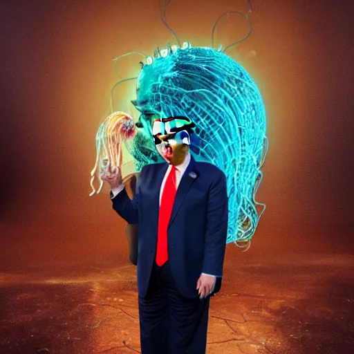 Prompt: Full body photo of Donald Trump, he has a jellyfish-phoenix head\'s and a siren body, some tentacles are touching him, by Tooth Wu, trending on Artstation, digital art, symmetrical artwork, cinematic, hyper realism, high detail, octane render, 4k, 8k