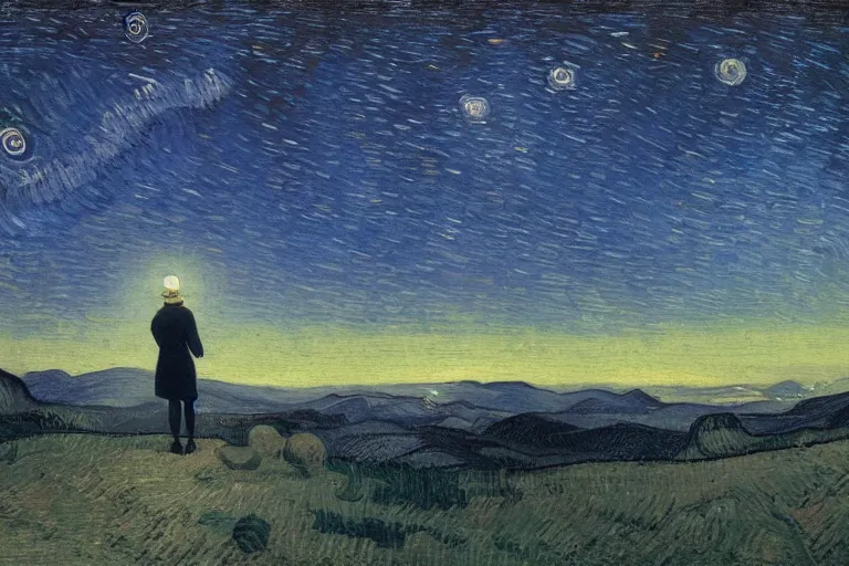 Image similar to a person looking at the night sky with clouds and stars, colorful, beautiful, national geographic, very detailed, astrophotography, cinematic lighting, oil painting, canvas, Theodor Kittelsen, Vincent van Gogh