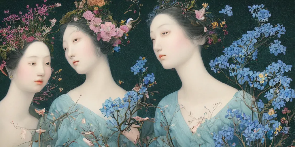 Image similar to breathtaking detailed concept art painting portrait of two goddess of light blue flowers by hsiao - ron cheng, carroty hair, orthodox saint, with anxious piercing eyes, vintage illustration pattern background with bizarre compositions blend of flowers and fruits and birds by beto val and john james audubon, exquisite detail, extremely moody lighting, 8 k