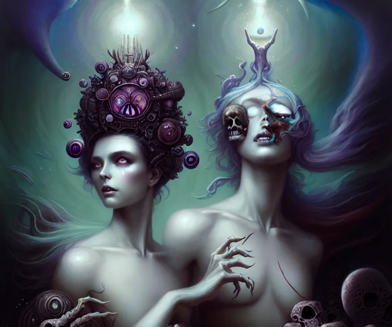 Image similar to mix media, stunning anima goddess of the void by charlie bowater and tom bagshaw, insanely detailed, artstation, psychedelic art. atoms surrounded by skulls and spirits deep under the sea, horror, sci - fi, surrealist painting, by peter mohrbacher anato finnstark