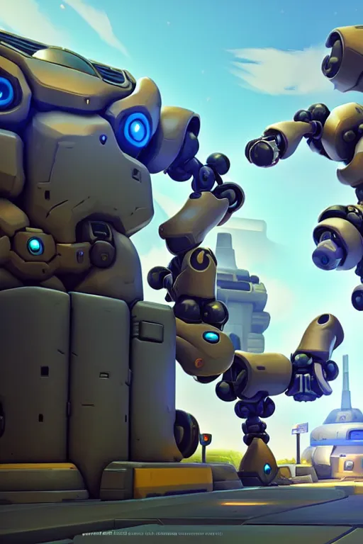 Prompt: the fortress robot in the overwatch game, cute style, cg rendering, the background is a beautiful forest