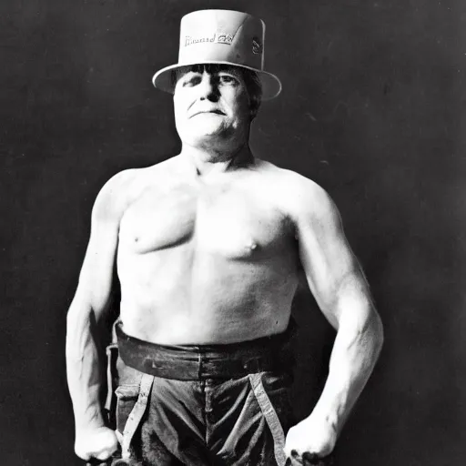 Prompt: donald trump as a circus strong man from 1920, black and white photo