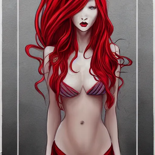 Prompt: a drawing of a woman with long red hair, concept art by Emma Ríos, featured on deviantart, fantasy art, enchanting, full body, elegant