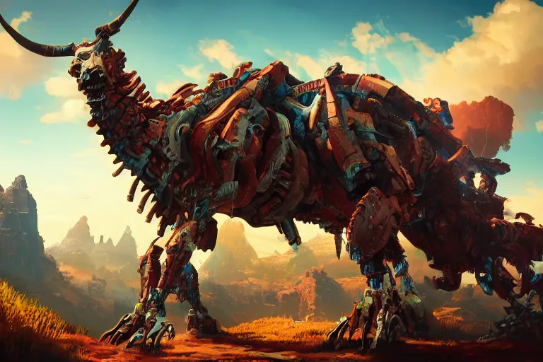 Image similar to grimhorn fanghorn machine mecanical creature robot of horizon forbidden west horizon zero dawn bioluminiscence global illumination ray tracing hdr fanart arstation by ian pesty and alena aenami artworks in 4 k