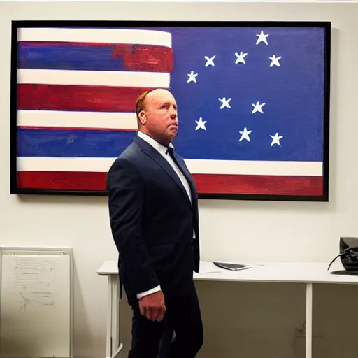 Prompt: alex jones inside an american office under fluorescent lights, oil painting