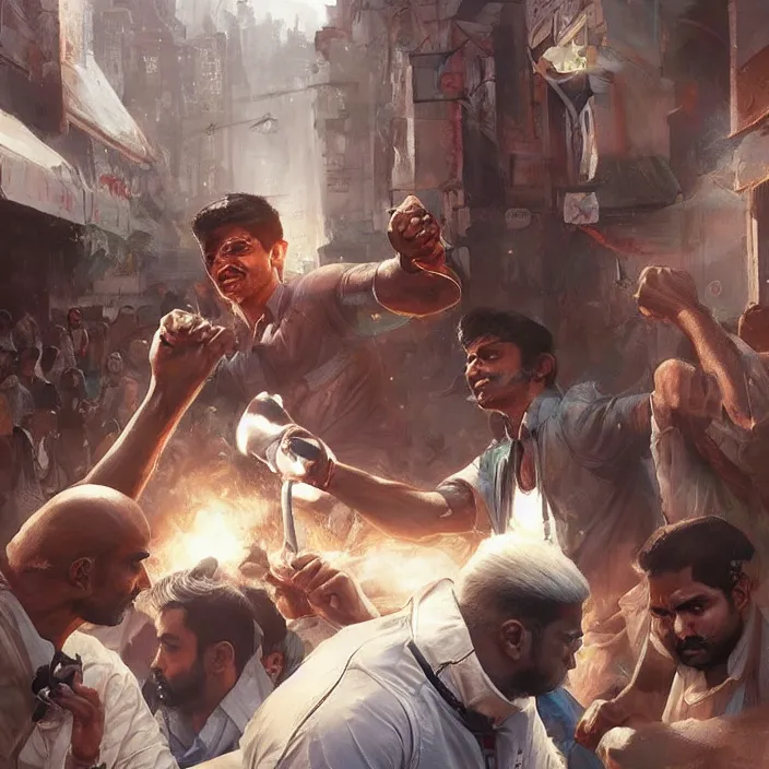 Prompt: portrait of tall indian man punching a short white man outside a bar, elegant, real life skin, intricate artwork, high detailed, artstation, concept art, smooth, sharpz focus, art by artgerm and greg rutkowski