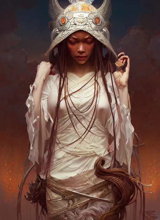 Image similar to : obatala fantasy, fantasy magic, , intricate, sharp focus, illustration, highly detailed, digital painting, concept art, matte, art by WLOP and Artgerm and Greg Rutkowski and Alphonse Mucha, masterpiece
