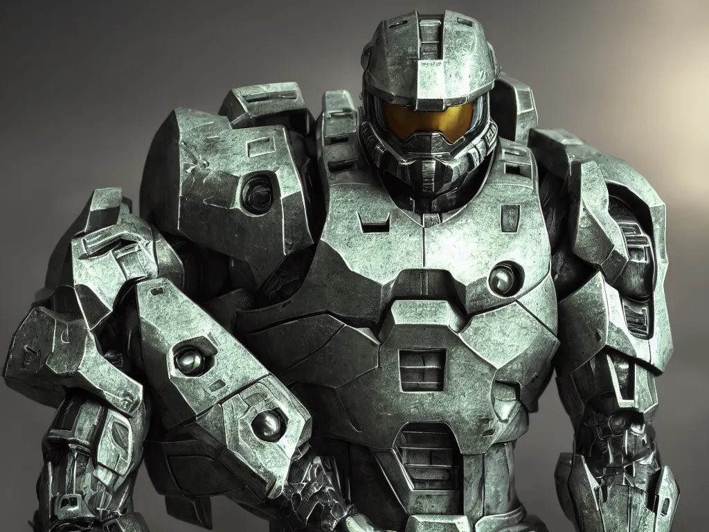 Image similar to master chief bust shot, studio photo, 3 d render, unreal engine, stunning scene, hdr, dynamic lighting, chrome, metallic, shiny, reflective, 8 k