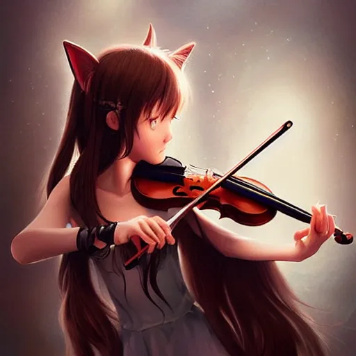 Image similar to Adorable Cat girl, Luminescent eyes, playing the violin, highly detailed, by Range Murata, artgerm, digital illustration, beautiful, concept art